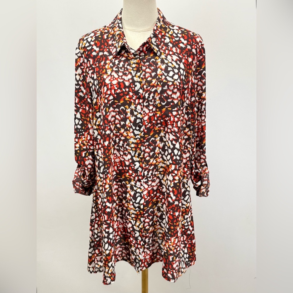 DR2‎ Brown, red & orange abstract print tunic blouse size L.